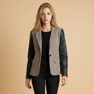Central Park West Ryder Faux Leather Sleeve Blazer houndstooth pattern